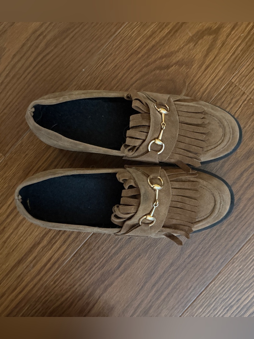 Brown Suede Fringe Loafers with Gold Bit Accent